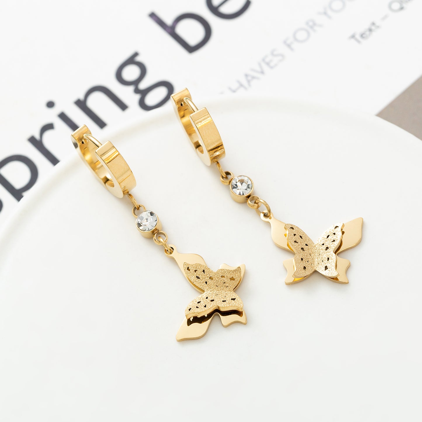 1 Pair Modern Style Pentagram Round Butterfly Plating Inlay Stainless Steel Zircon 18k Gold Plated Drop Earrings