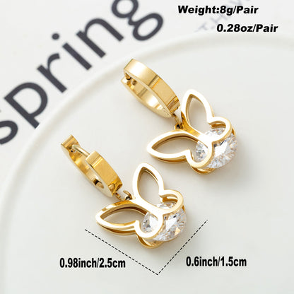 1 Pair Modern Style Pentagram Round Butterfly Plating Inlay Stainless Steel Zircon 18k Gold Plated Drop Earrings