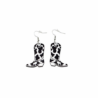 1 Pair Retro Cool Style Cow Pattern Boots Wood Drop Earrings