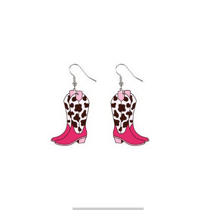 1 Pair Retro Cool Style Cow Pattern Boots Wood Drop Earrings