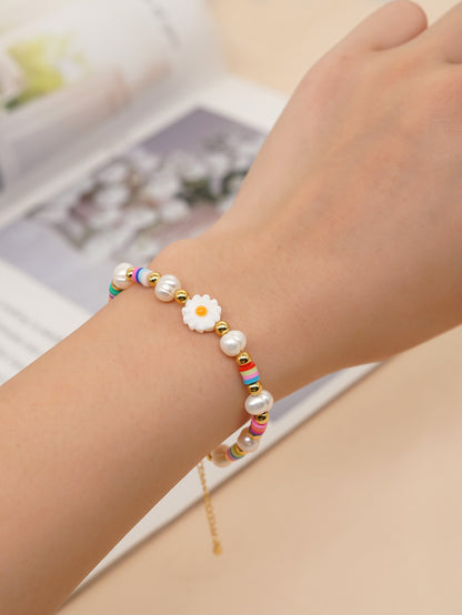 Cute Heart Shape Smiley Face Flower Freshwater Pearl Soft Clay Beaded Bracelets