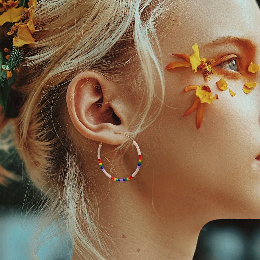 Vacation Round Colorful Glass Beaded Women's Hoop Earrings