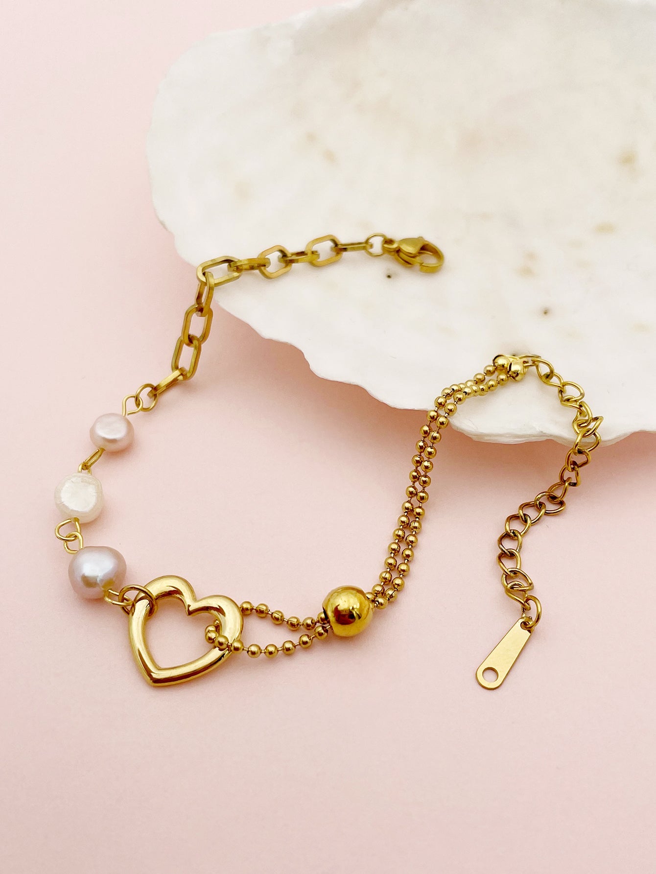 Cute Lady Heart Shape Stainless Steel Imitation Pearl Charm Polishing Plating 14k Gold Plated Bracelets