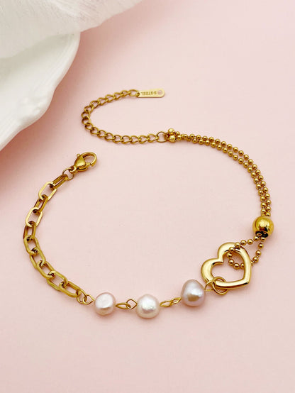 Cute Lady Heart Shape Stainless Steel Imitation Pearl Charm Polishing Plating 14k Gold Plated Bracelets