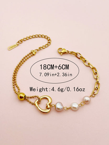 Cute Lady Heart Shape Stainless Steel Imitation Pearl Charm Polishing Plating 14k Gold Plated Bracelets