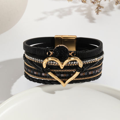 Elegant Classic Style Heart Shape Pu Leather Inlay Rhinestones Women's Bracelets