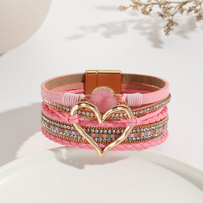 Elegant Classic Style Heart Shape Pu Leather Inlay Rhinestones Women's Bracelets