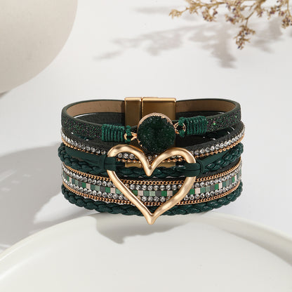 Elegant Classic Style Heart Shape Pu Leather Inlay Rhinestones Women's Bracelets