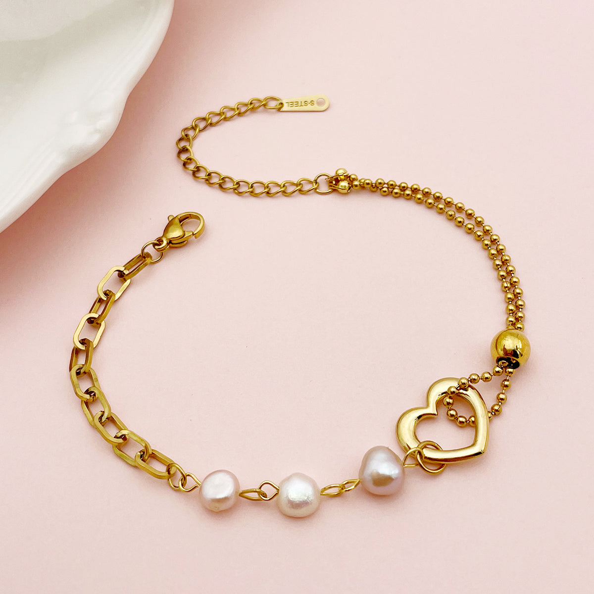 Cute Lady Heart Shape Stainless Steel Imitation Pearl Charm Polishing Plating 14k Gold Plated Bracelets