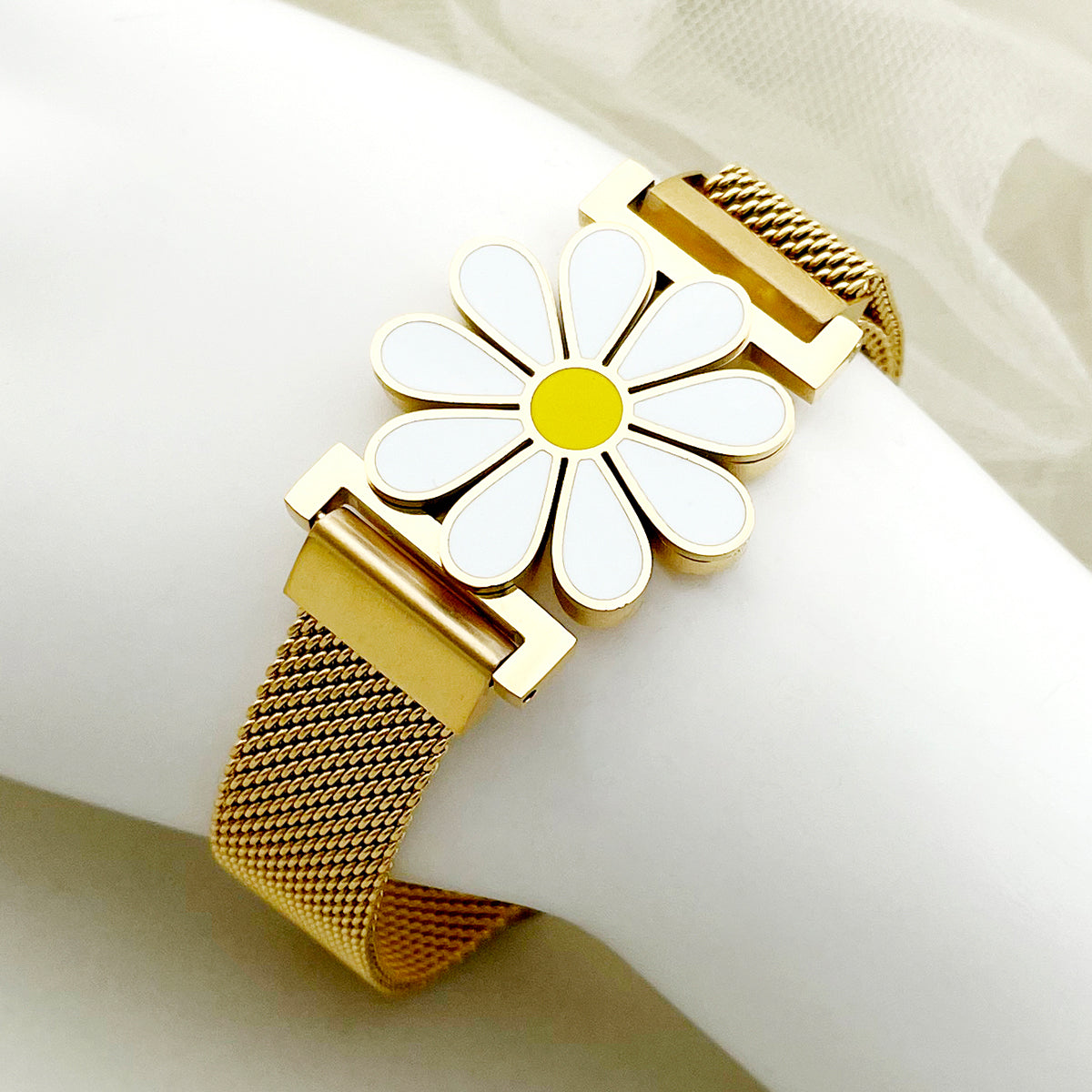 Lady Korean Style Flower Stainless Steel Enamel Plating 14k Gold Plated Bracelets