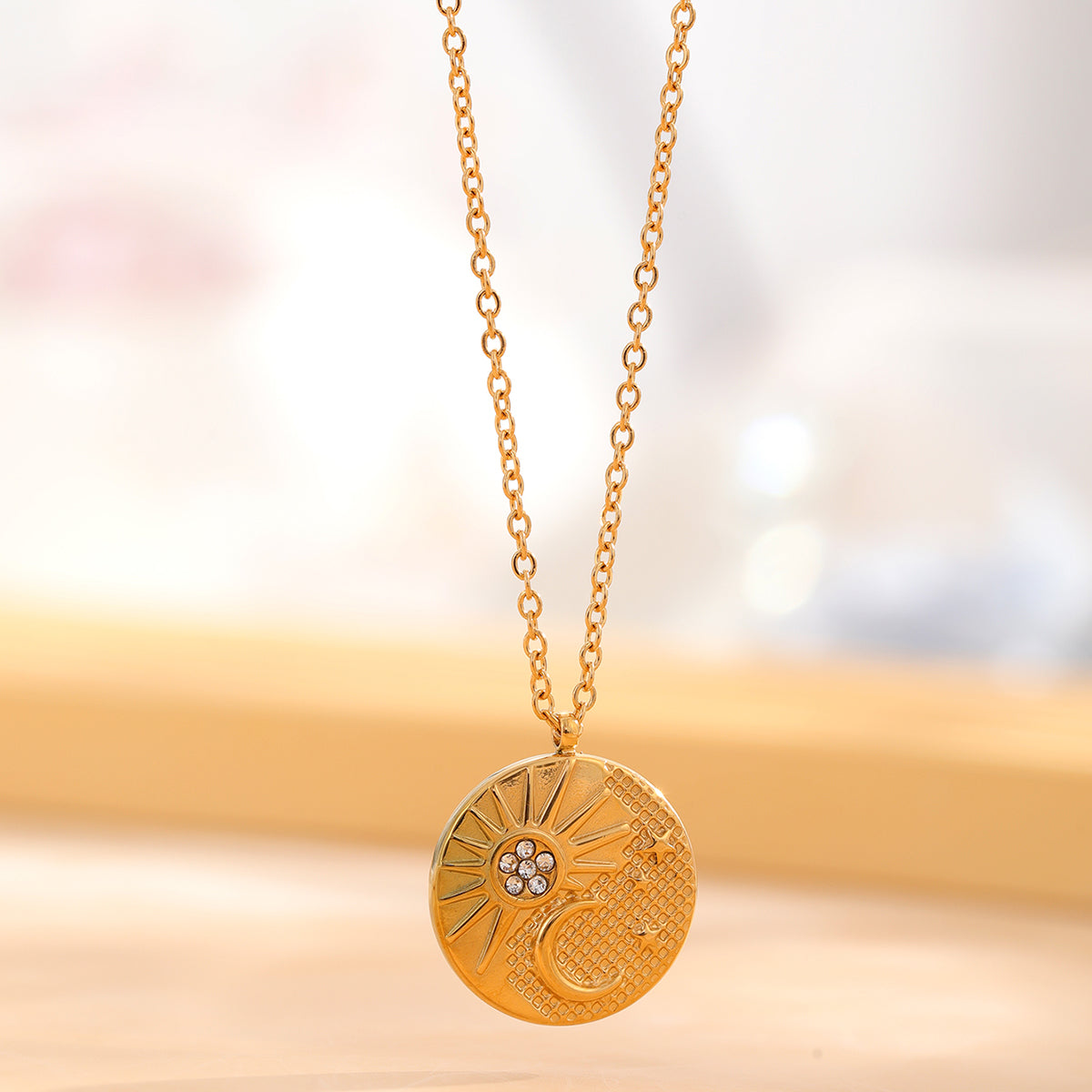 Retro Star Moon Titanium Steel Enamel Plating Inlay Natural Stone Resin Rhinestones Gold Plated Pendant Necklace