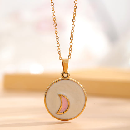 Retro Star Moon Titanium Steel Enamel Plating Inlay Natural Stone Resin Rhinestones Gold Plated Pendant Necklace