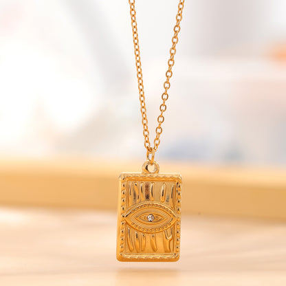 Retro Moon Eye Titanium Steel Plating Inlay Rhinestones Gold Plated Pendant Necklace