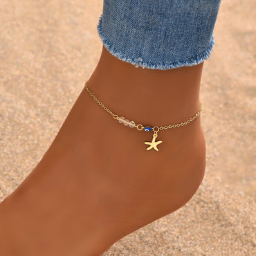 Wholesale Jewelry Casual Vacation Devil's Eye Starfish Stainless Steel 18k Gold Plated Anklet