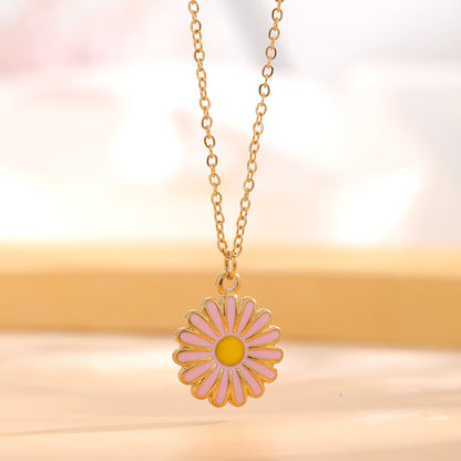 Retro Pastoral Daisy Titanium Steel Enamel Plating Gold Plated Pendant Necklace