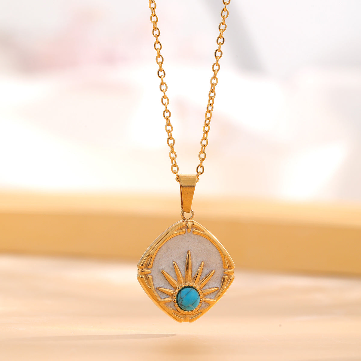 Retro Classic Style Sun Eye Titanium Steel Enamel Plating Inlay Rhinestones Gold Plated Necklace