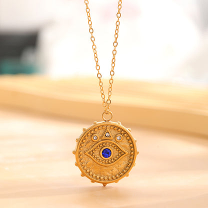 Retro Classic Style Sun Eye Titanium Steel Enamel Plating Inlay Rhinestones Gold Plated Necklace