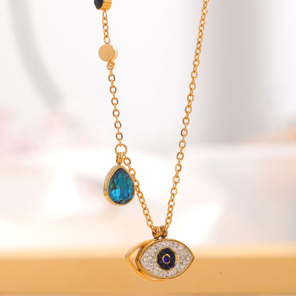 Retro Classic Style Tree Eye Titanium Steel Enamel Plating Hollow Out Rhinestones Zircon Gold Plated Necklace