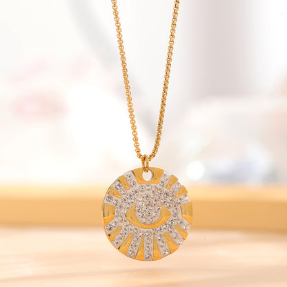 Retro Classic Style Tree Eye Titanium Steel Enamel Plating Hollow Out Rhinestones Zircon Gold Plated Necklace