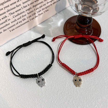 Simple Style Heart Shape Owl Lock Alloy Rope Knitting Inlay Rhinestones Women's Bracelets