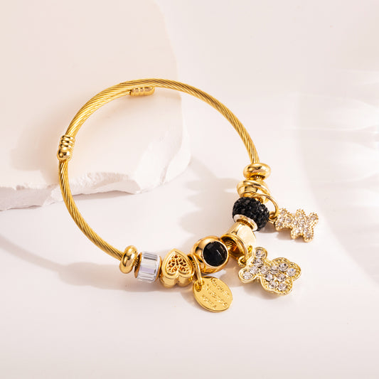 Cute Romantic Sweet Devil's Eye Bear Titanium Steel Beaded Plating Inlay Artificial Crystal Gold Plated Bangle