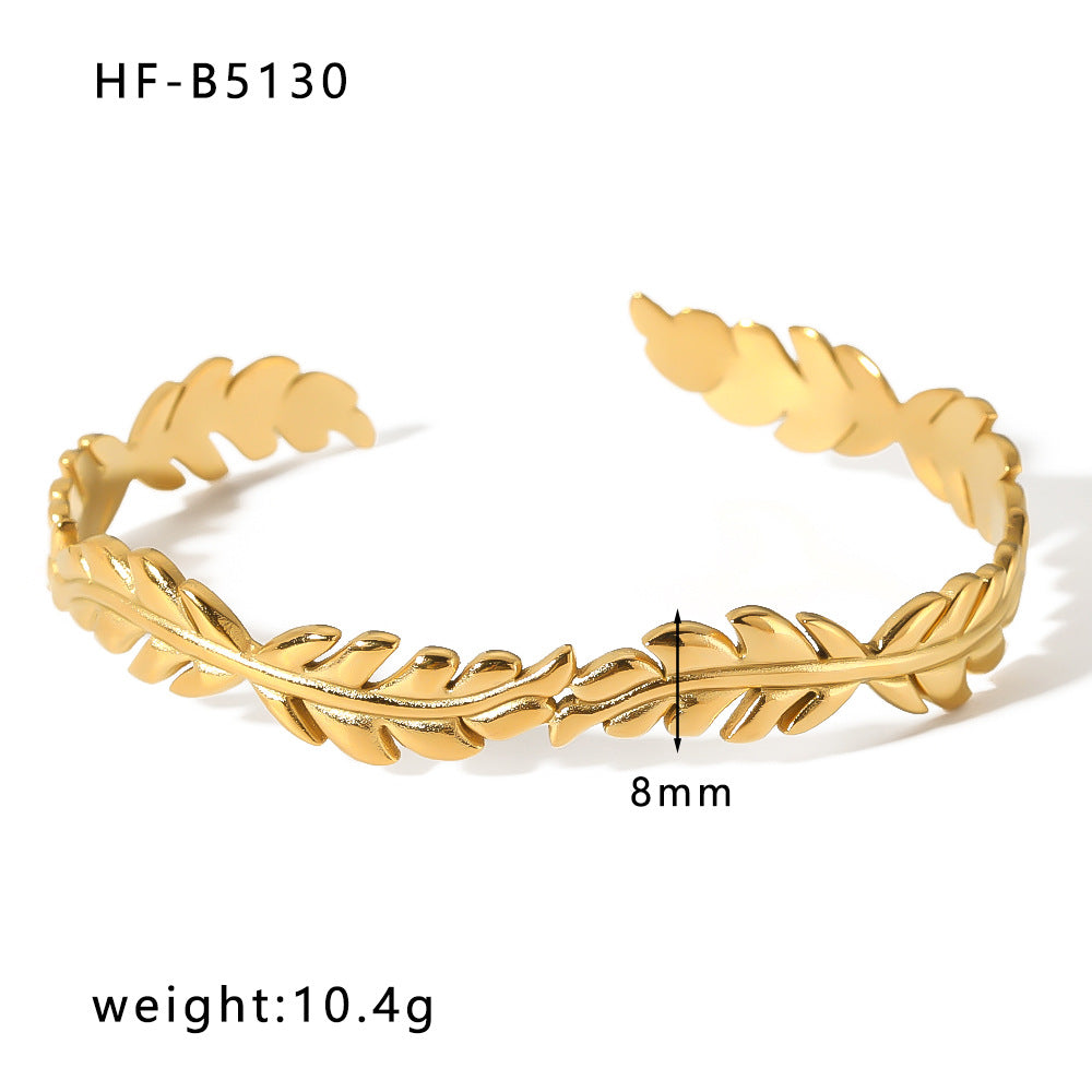 Basic Retro Leaf Solid Color Knot Stainless Steel Plating Inlay Zircon 18k Gold Plated Bangle