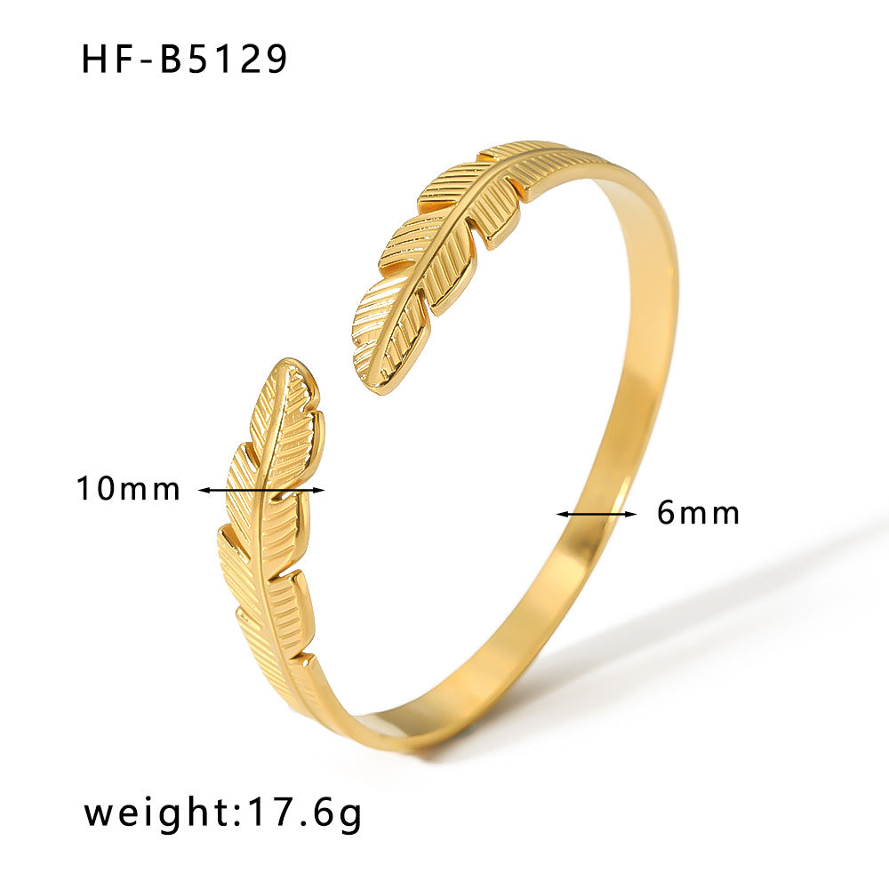 Basic Retro Leaf Solid Color Knot Stainless Steel Plating Inlay Zircon 18k Gold Plated Bangle