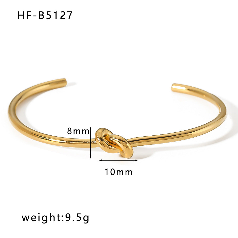 Basic Retro Leaf Solid Color Knot Stainless Steel Plating Inlay Zircon 18k Gold Plated Bangle