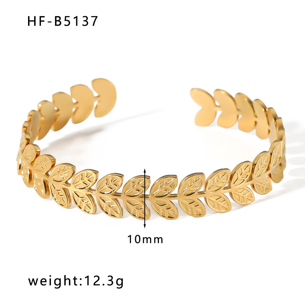 Basic Retro Leaf Solid Color Knot Stainless Steel Plating Inlay Zircon 18k Gold Plated Bangle