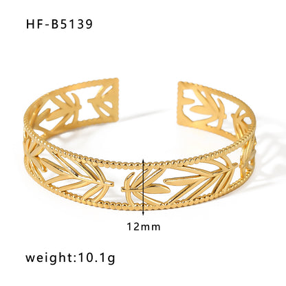 Basic Retro Leaf Solid Color Knot Stainless Steel Plating Inlay Zircon 18k Gold Plated Bangle