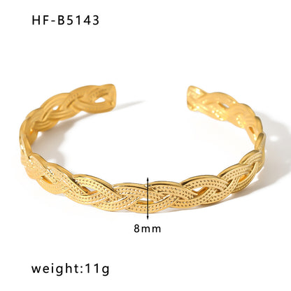 Basic Retro Leaf Solid Color Knot Stainless Steel Plating Inlay Zircon 18k Gold Plated Bangle