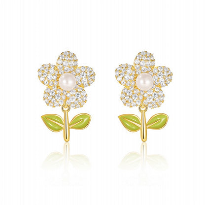 Korean Style Flower Alloy Inlay Zircon Women's Ear Studs