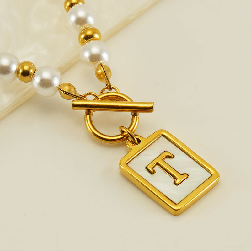 Elegant French Style Letter Stainless Steel Pearl Plating Inlay Shell 18k Gold Plated Pendant Necklace