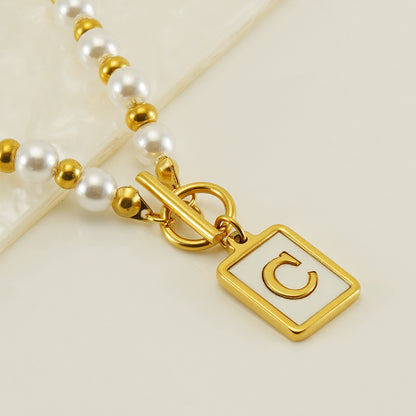 Elegant French Style Letter Stainless Steel Pearl Plating Inlay Shell 18k Gold Plated Pendant Necklace