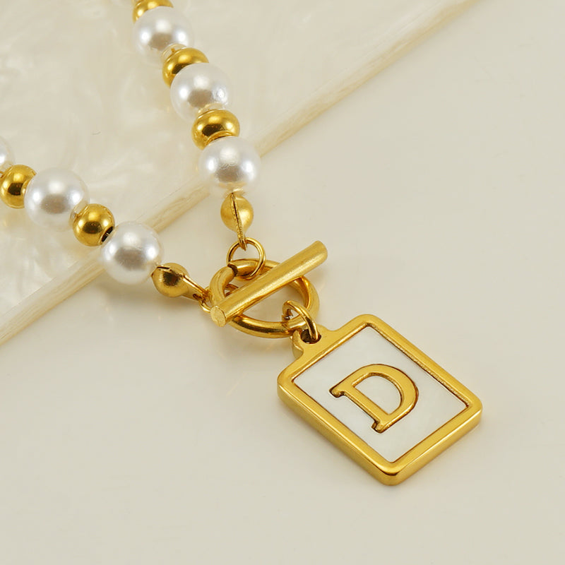 Elegant French Style Letter Stainless Steel Pearl Plating Inlay Shell 18k Gold Plated Pendant Necklace