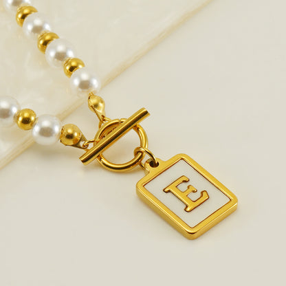 Elegant French Style Letter Stainless Steel Pearl Plating Inlay Shell 18k Gold Plated Pendant Necklace