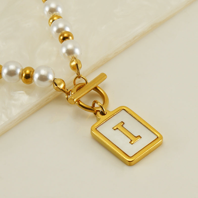 Elegant French Style Letter Stainless Steel Pearl Plating Inlay Shell 18k Gold Plated Pendant Necklace