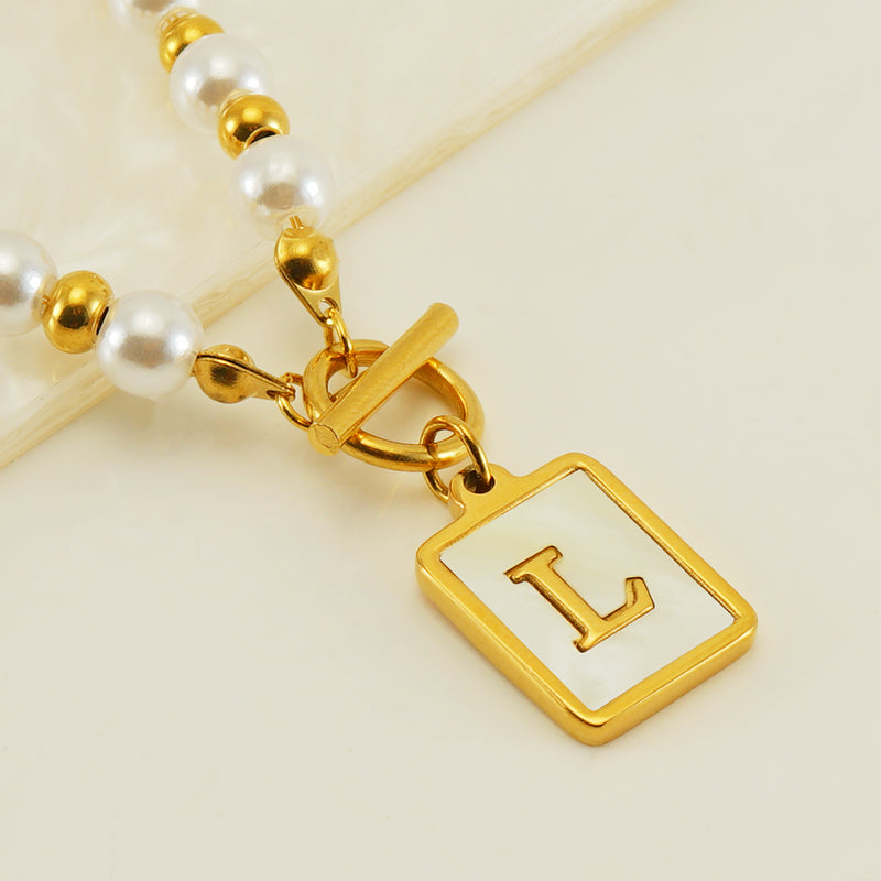 Elegant French Style Letter Stainless Steel Pearl Plating Inlay Shell 18k Gold Plated Pendant Necklace