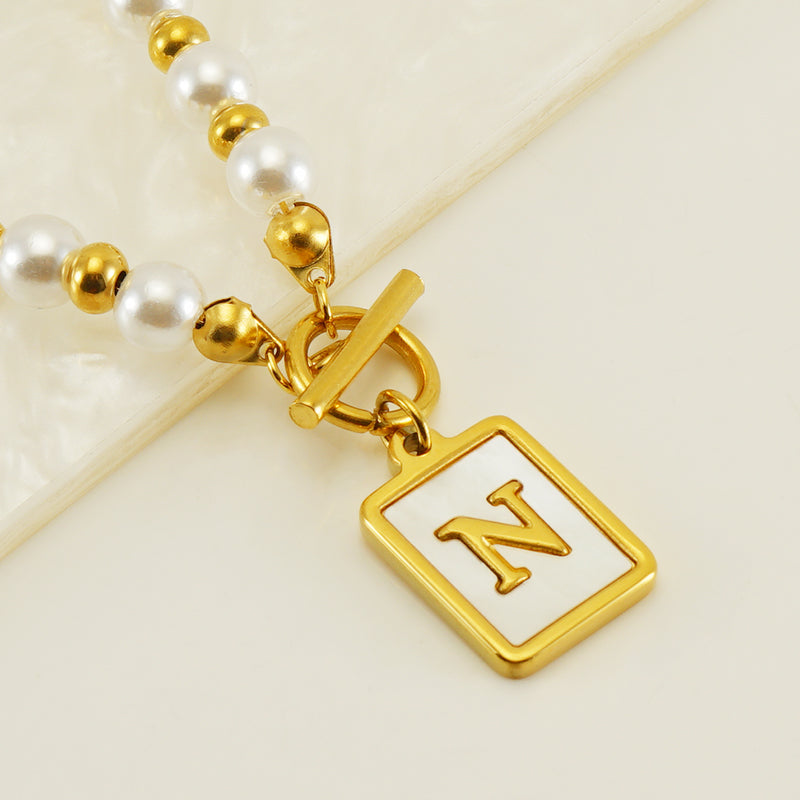 Elegant French Style Letter Stainless Steel Pearl Plating Inlay Shell 18k Gold Plated Pendant Necklace