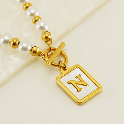 Elegant French Style Letter Stainless Steel Pearl Plating Inlay Shell 18k Gold Plated Pendant Necklace