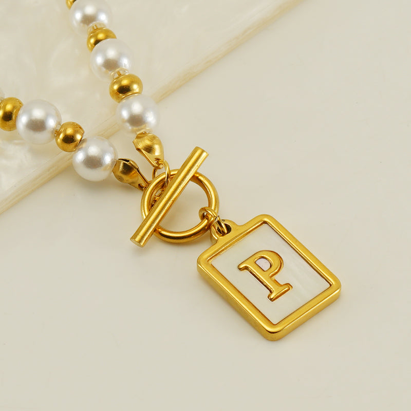 Elegant French Style Letter Stainless Steel Pearl Plating Inlay Shell 18k Gold Plated Pendant Necklace