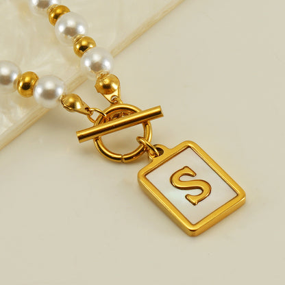 Elegant French Style Letter Stainless Steel Pearl Plating Inlay Shell 18k Gold Plated Pendant Necklace