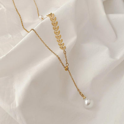 Elegant Vintage Style Grain Titanium Steel Plating Inlay Pearl 18k Gold Plated Pendant Necklace