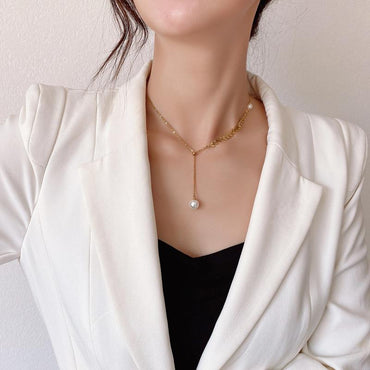 Elegant Vintage Style Grain Titanium Steel Plating Inlay Pearl 18k Gold Plated Pendant Necklace