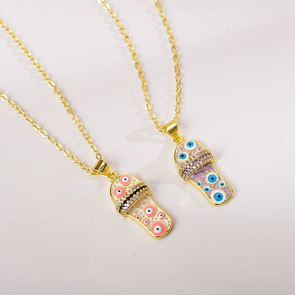 Casual Funny Slippers Eye Copper Enamel Plating Zircon Gold Plated Pendant Necklace