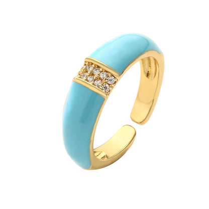 Retro Solid Color Copper Enamel Inlay Zircon Open Ring