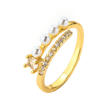 Elegant Geometric Copper Inlay Pearl Zircon Open Ring