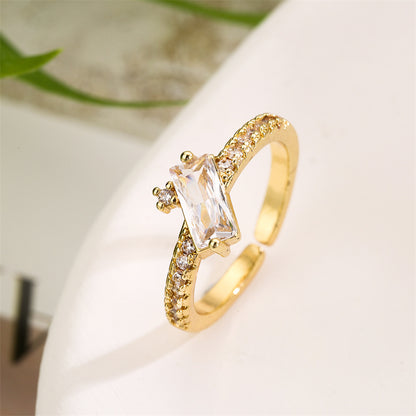 Simple Style Shiny Rectangle Copper Plating Inlay Zircon Gold Plated Open Ring