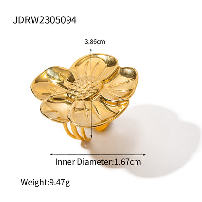 Artistic Flower Stainless Steel 18k Gold Plated Open Rings In Bulk