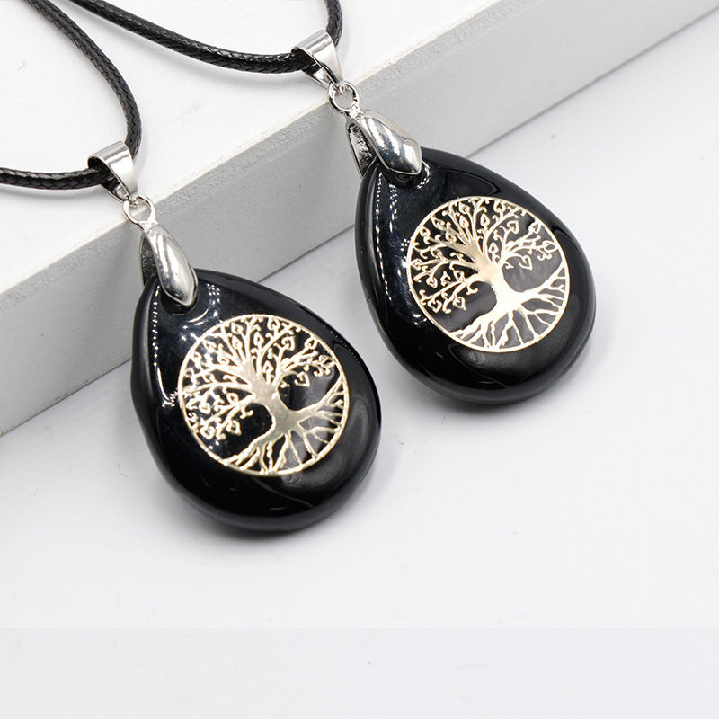 Classical Tree Water Droplets Stainless Steel Natural Stone Pendant Necklace In Bulk